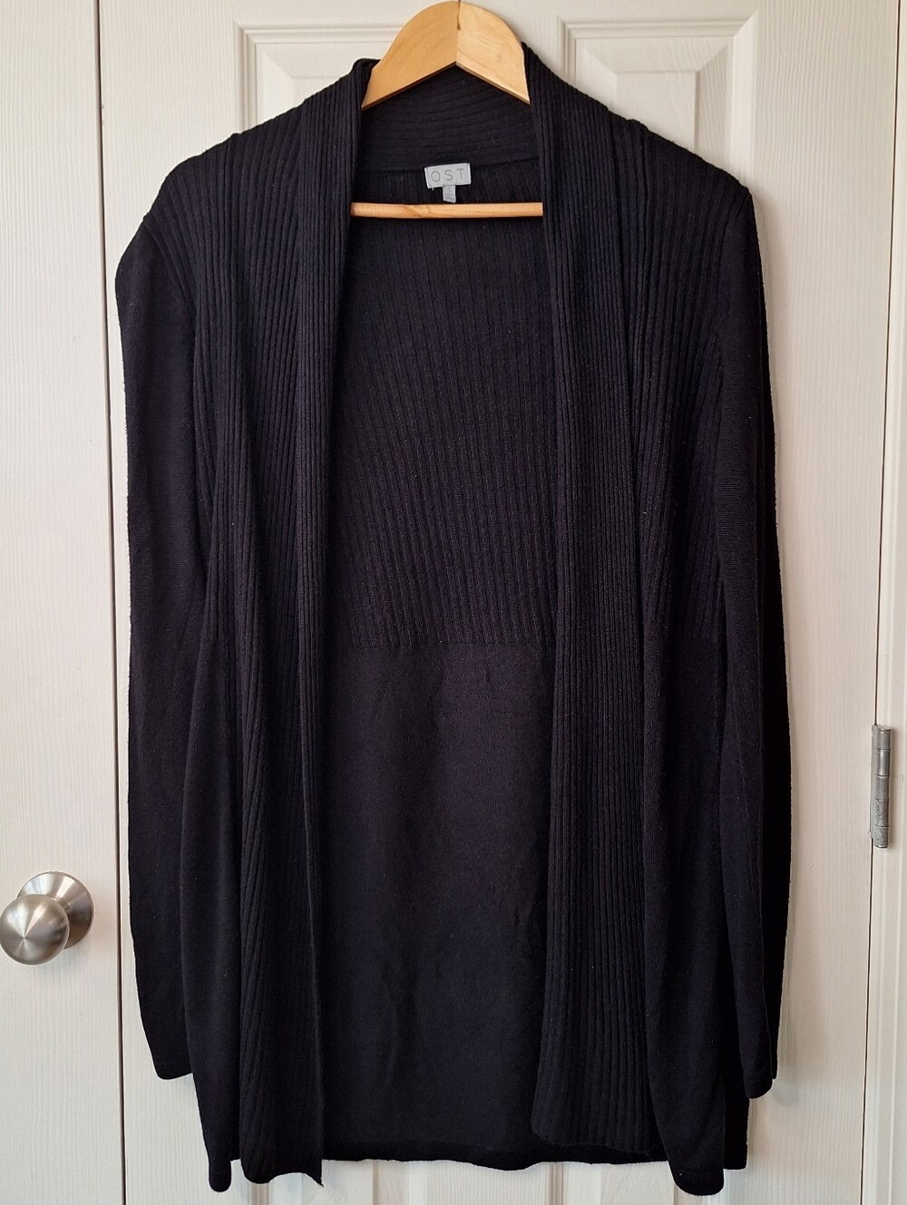Ost Plain Black Ribbed Open-Front Women's Cardigan Size S